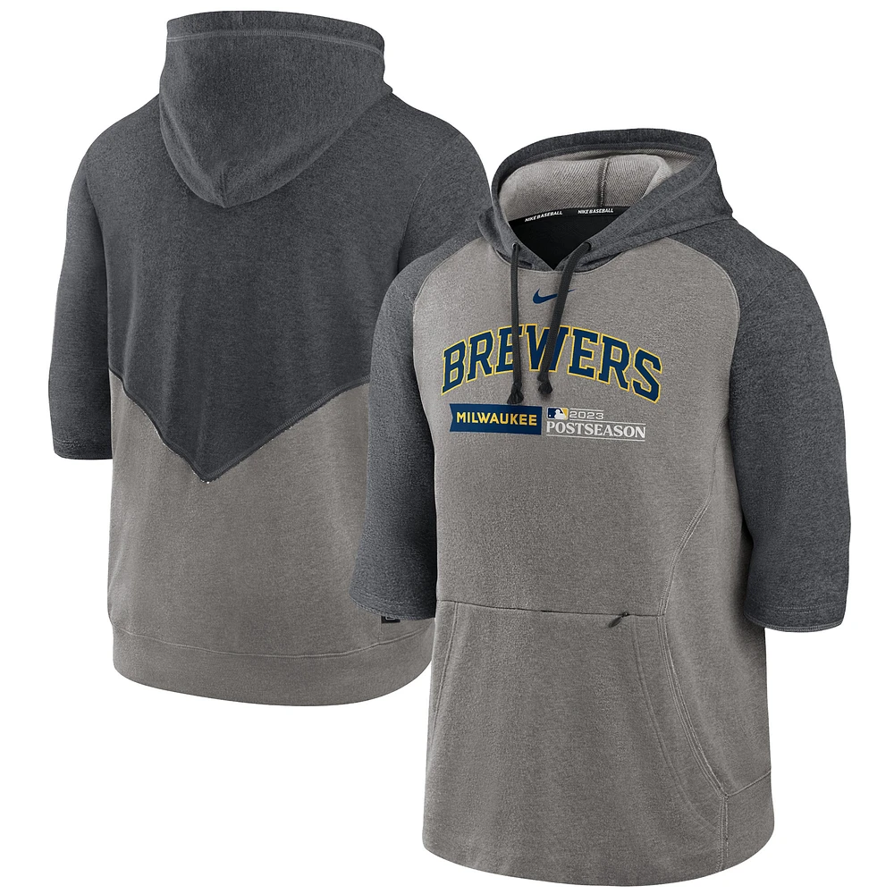 Men's Nike Heather Gray/Heather Charcoal Milwaukee Brewers 2023 Postseason Authentic Collection Flux Performance 3/4-Sleeve Pullover Hoodie