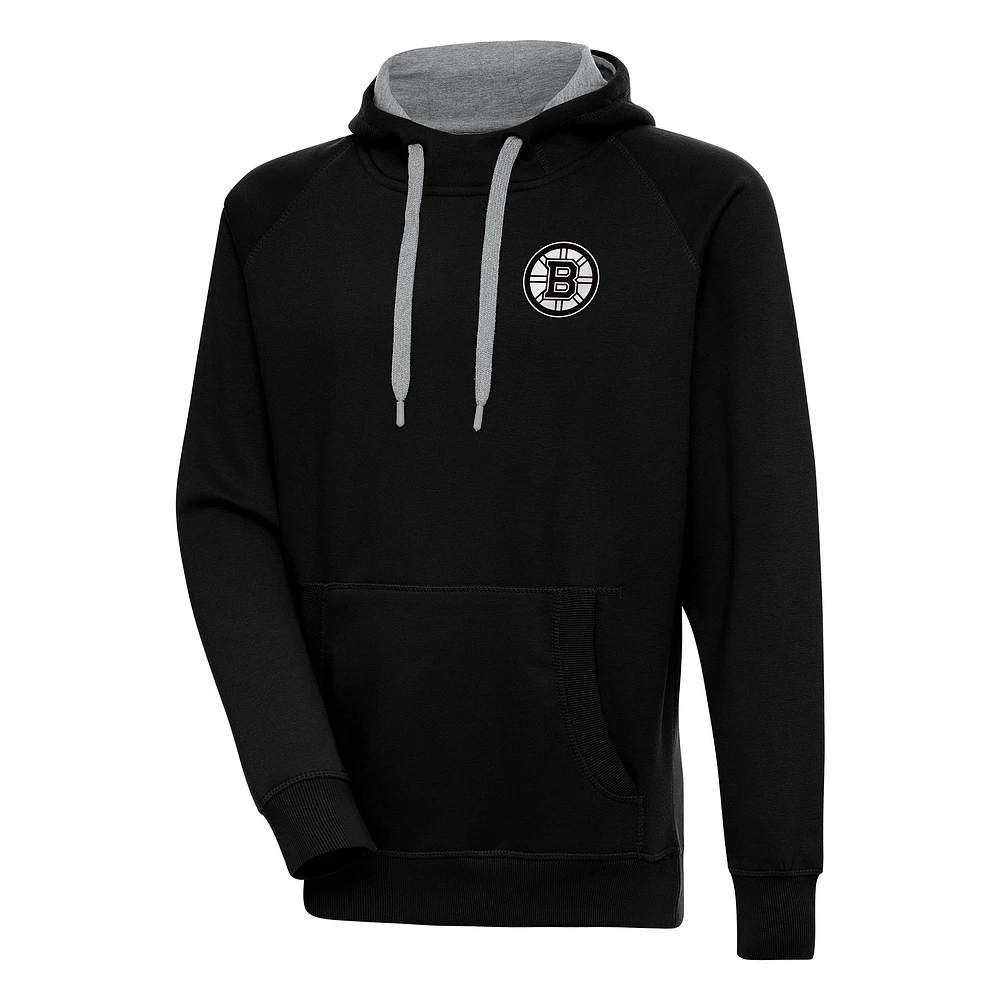 Men's Antigua Black Boston Bruins Metallic Logo Victory Pullover Hoodie