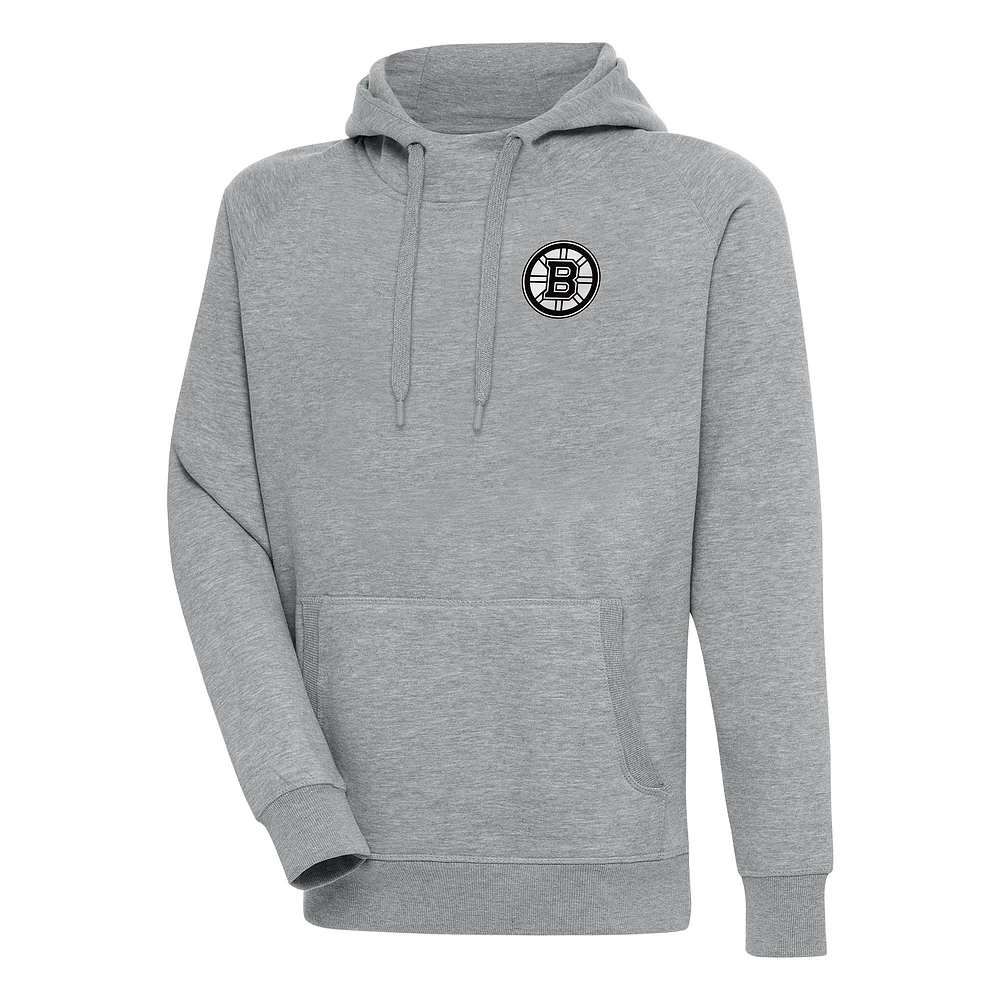 Men's Antigua Heather Gray Boston Bruins Metallic Logo Victory Pullover Hoodie
