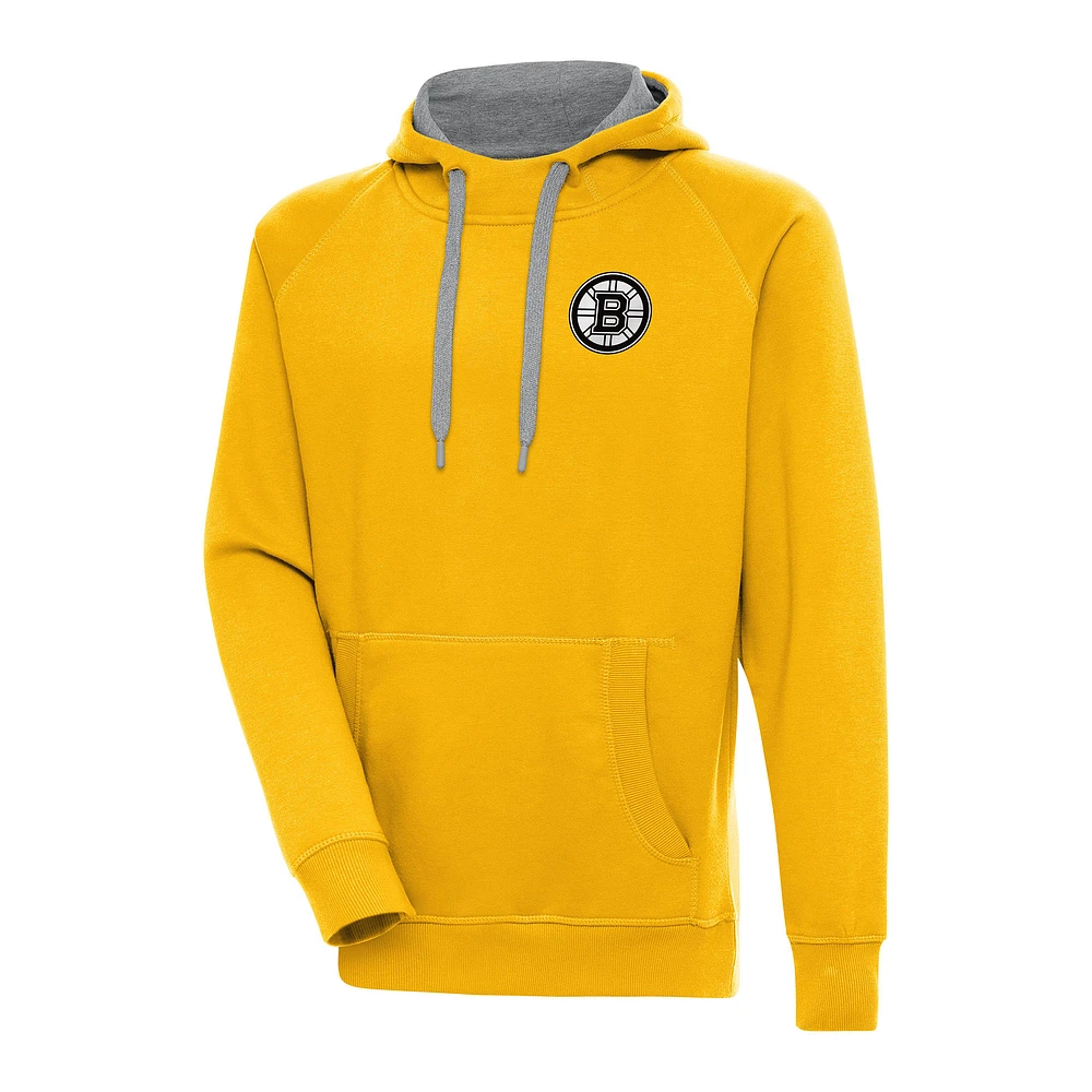 Men's Antigua Gold Boston Bruins Metallic Logo Victory Pullover Hoodie