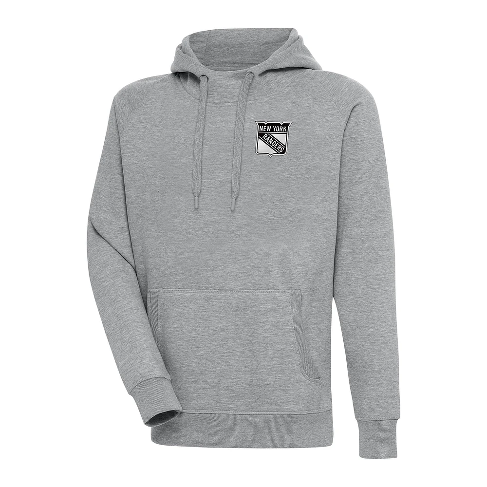 Men's Antigua Heather Gray New York Rangers Metallic Logo Victory Pullover Hoodie