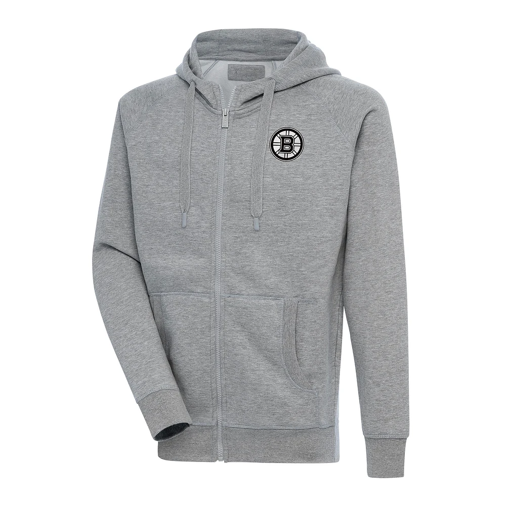 Men's Antigua Heather Gray Boston Bruins Metallic Logo Victory Full-Zip Hoodie