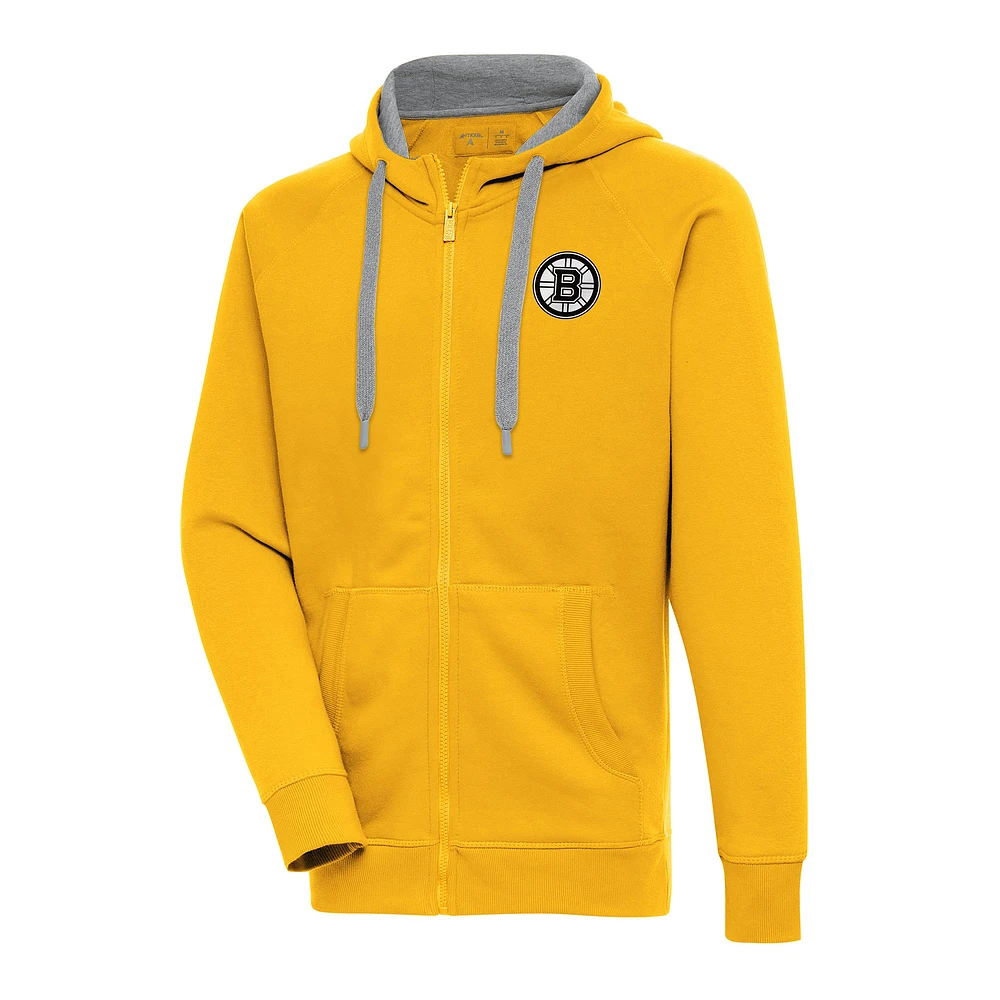 Men's Antigua Gold Boston Bruins Metallic Logo Victory Full-Zip Hoodie