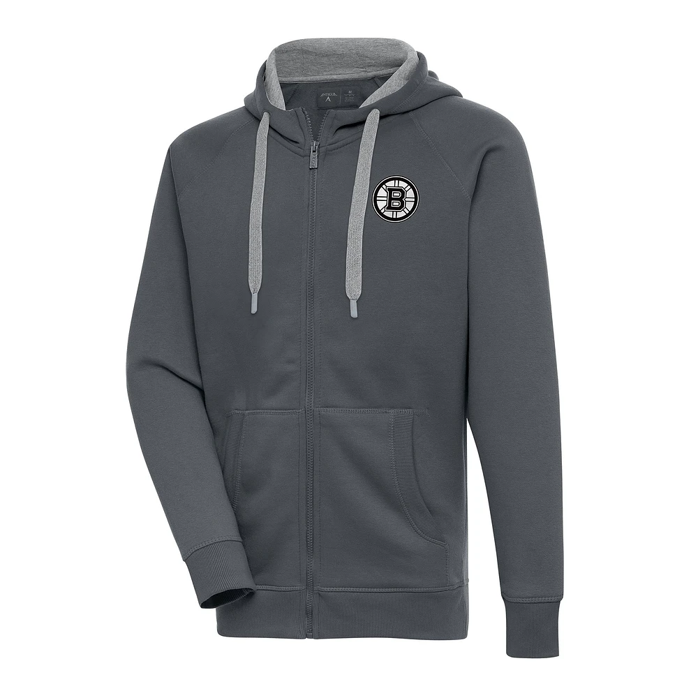 Men's Antigua Charcoal Boston Bruins Metallic Logo Victory Full-Zip Hoodie