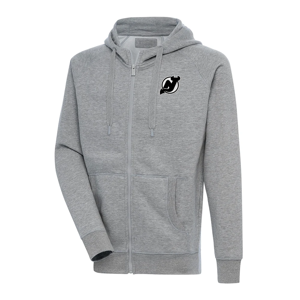 Men's Antigua Heather Gray New Jersey Devils Metallic Logo Victory Full-Zip Hoodie