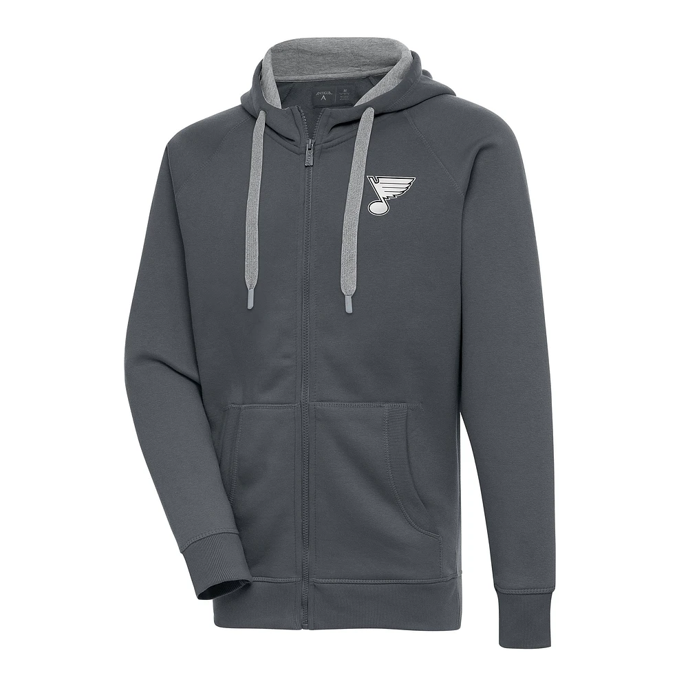 Men's Antigua Charcoal St. Louis Blues Metallic Logo Victory Full-Zip Hoodie