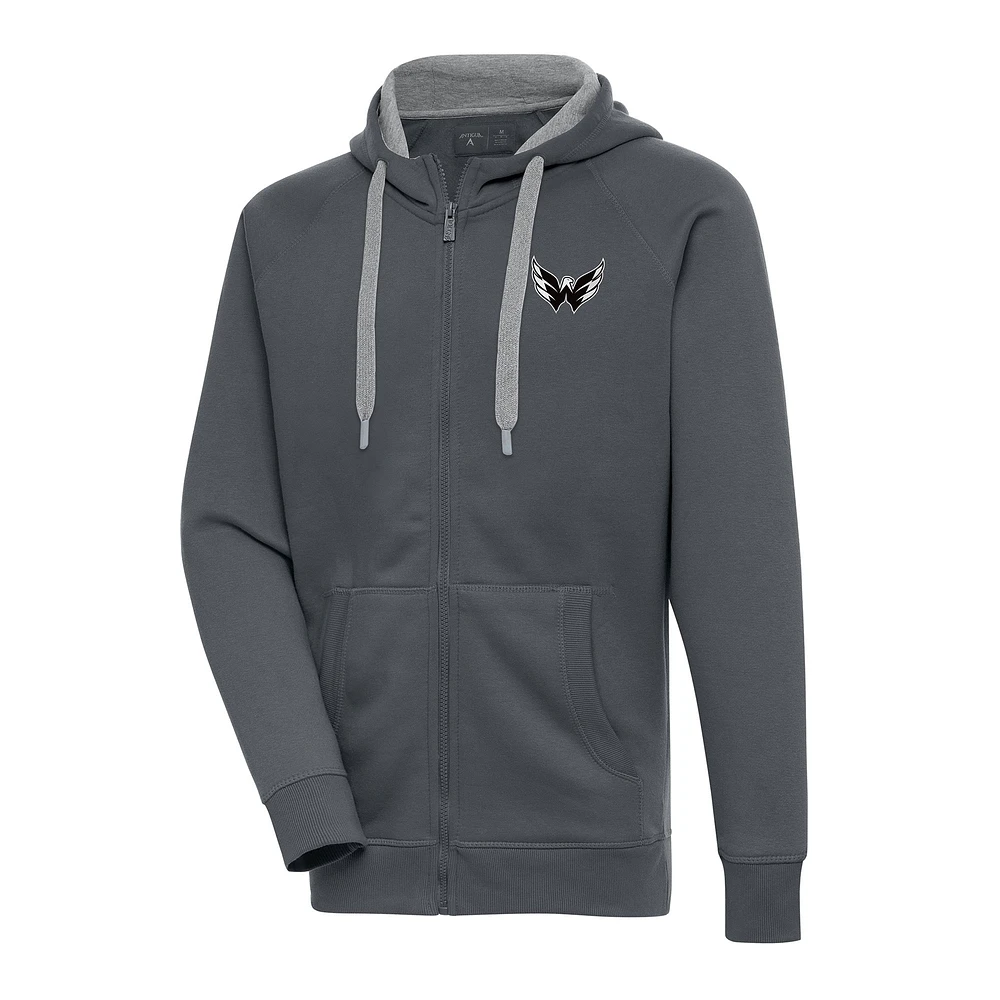 Men's Antigua Charcoal Washington Capitals Metallic Logo Victory Full-Zip Hoodie