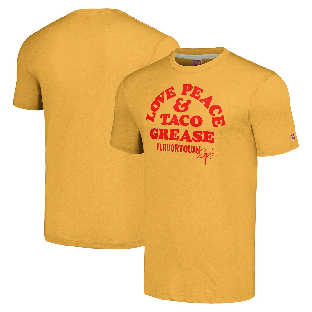 Unisex Homage Gold Hollywood Icons Love, Peace And Taco Grease Tri-Blend T-Shirt