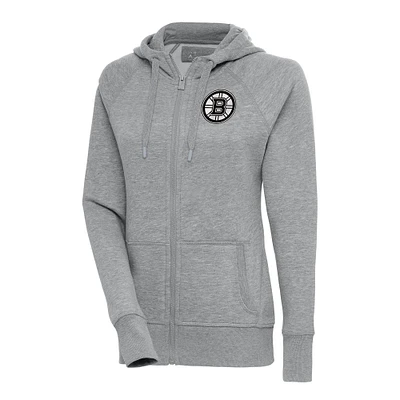 Women's Antigua Heather Gray Boston Bruins Metallic Logo Victory Full-Zip Hoodie