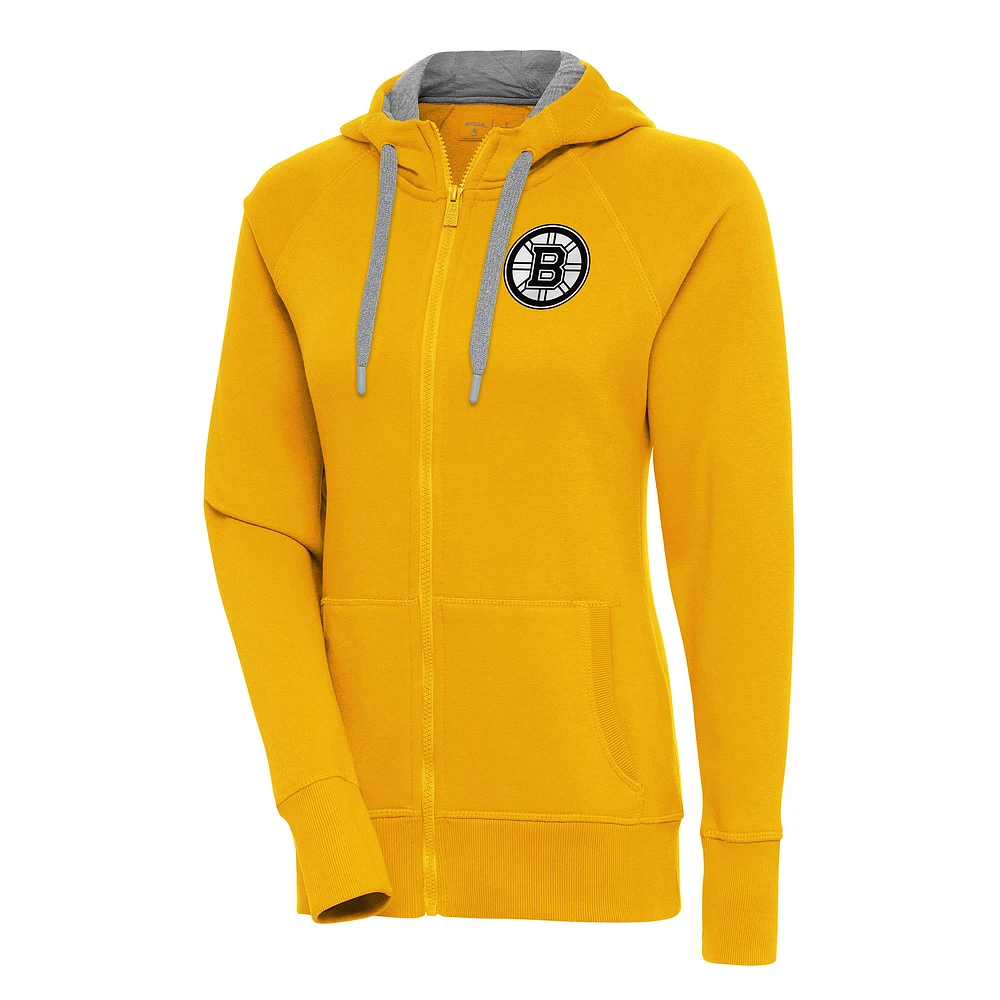Women's Antigua Gold Boston Bruins Metallic Logo Victory Full-Zip Hoodie