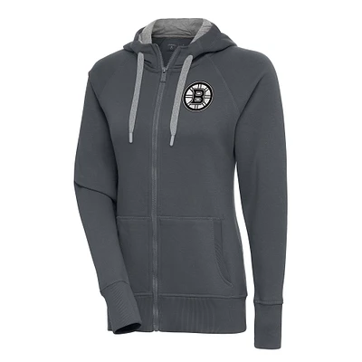 Women's Antigua Charcoal Boston Bruins Metallic Logo Victory Full-Zip Hoodie