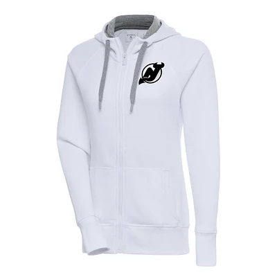 Women's Antigua White New Jersey Devils Metallic Logo Victory Full-Zip Hoodie