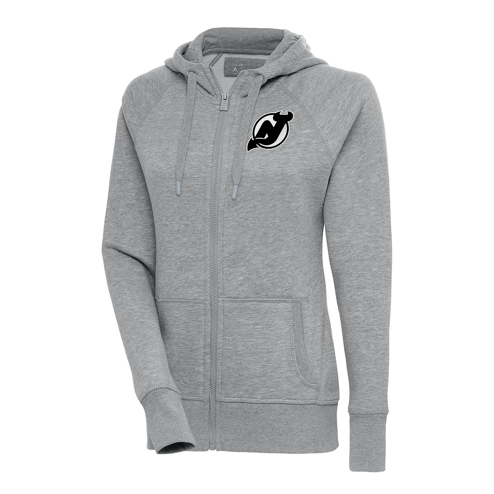 Women's Antigua Heather Gray New Jersey Devils Metallic Logo Victory Full-Zip Hoodie