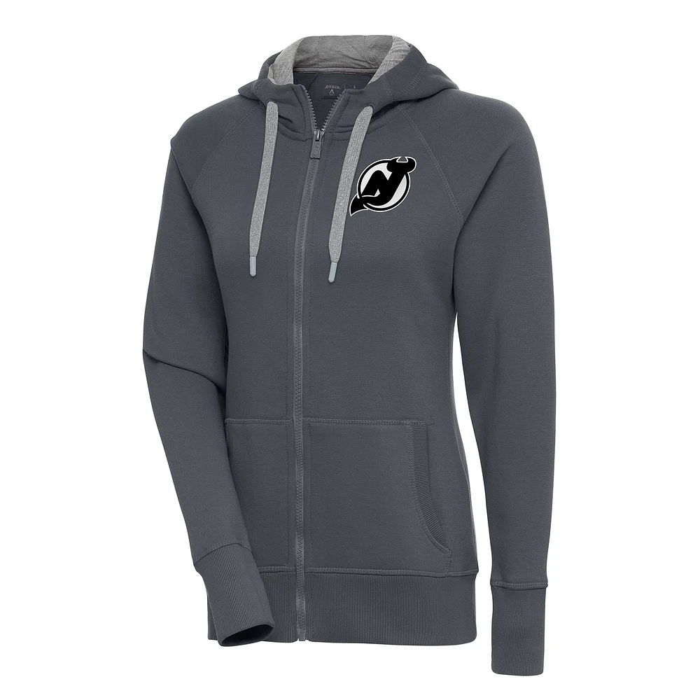 Women's Antigua Charcoal New Jersey Devils Metallic Logo Victory Full-Zip Hoodie