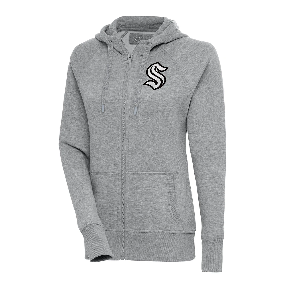 Women's Antigua Heather Gray Seattle Kraken Metallic Logo Victory Full-Zip Hoodie