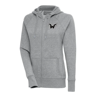 Women's Antigua Heather Gray Washington Capitals Metallic Logo Victory Full-Zip Hoodie