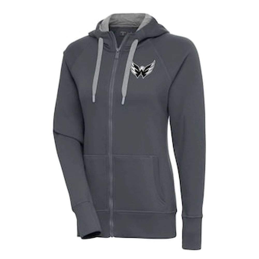 Women's Antigua Charcoal Washington Capitals Metallic Logo Victory Full-Zip Hoodie