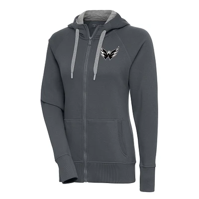 Women's Antigua Charcoal Washington Capitals Metallic Logo Victory Full-Zip Hoodie
