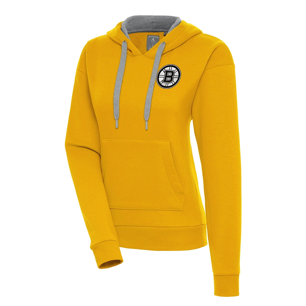 Women's Antigua Gold Boston Bruins Metallic Logo Victory Pullover Hoodie