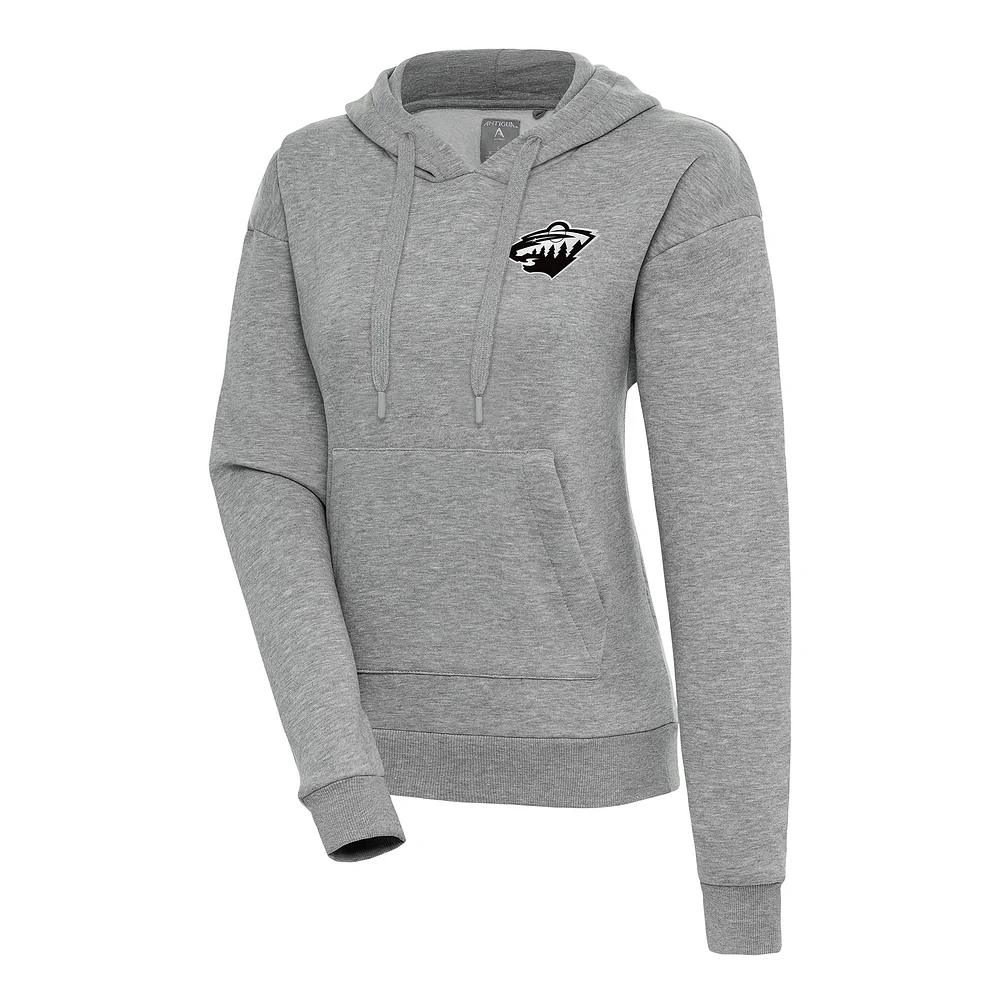 Women's Antigua Heather Gray Minnesota Wild Metallic Logo Victory Pullover Hoodie