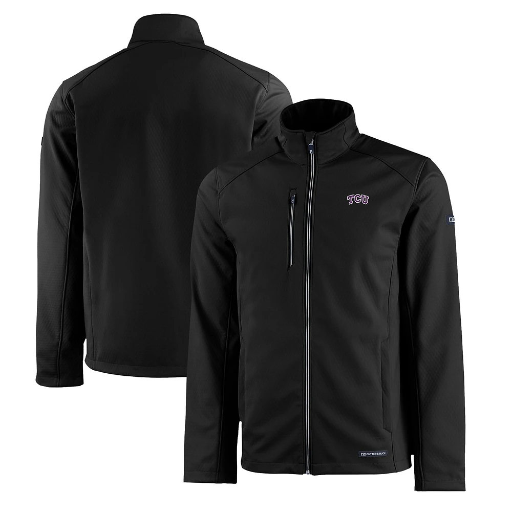 Men's Cutter & Buck Black TCU Horned Frogs Evoke Eco Softshell Recycled Full-Zip Jacket