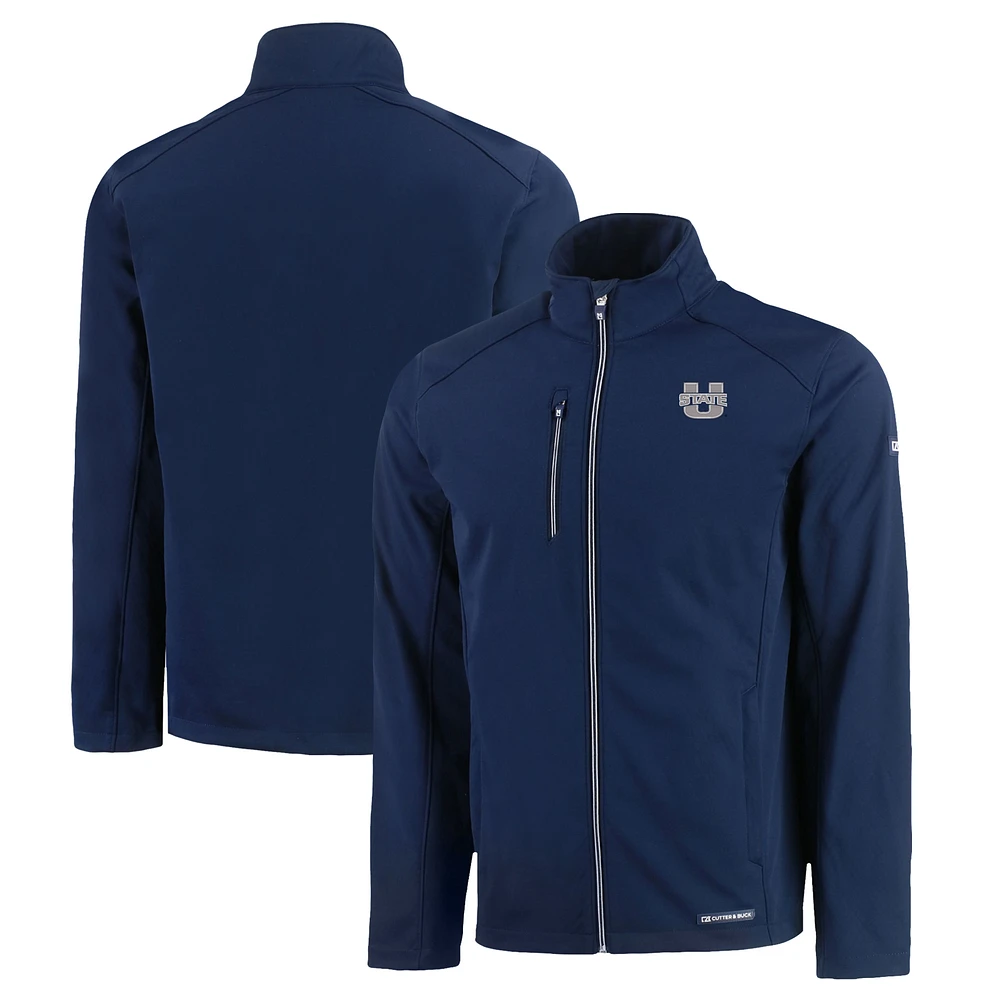 Men's Cutter & Buck Navy Utah State Aggies Evoke Eco Softshell Recycled Full-Zip Jacket