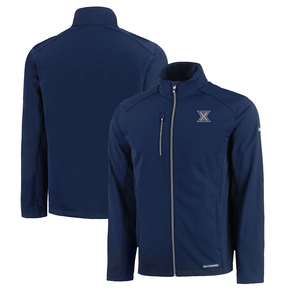 Men's Cutter & Buck Navy Xavier Musketeers Evoke Eco Softshell Recycled Full-Zip Jacket