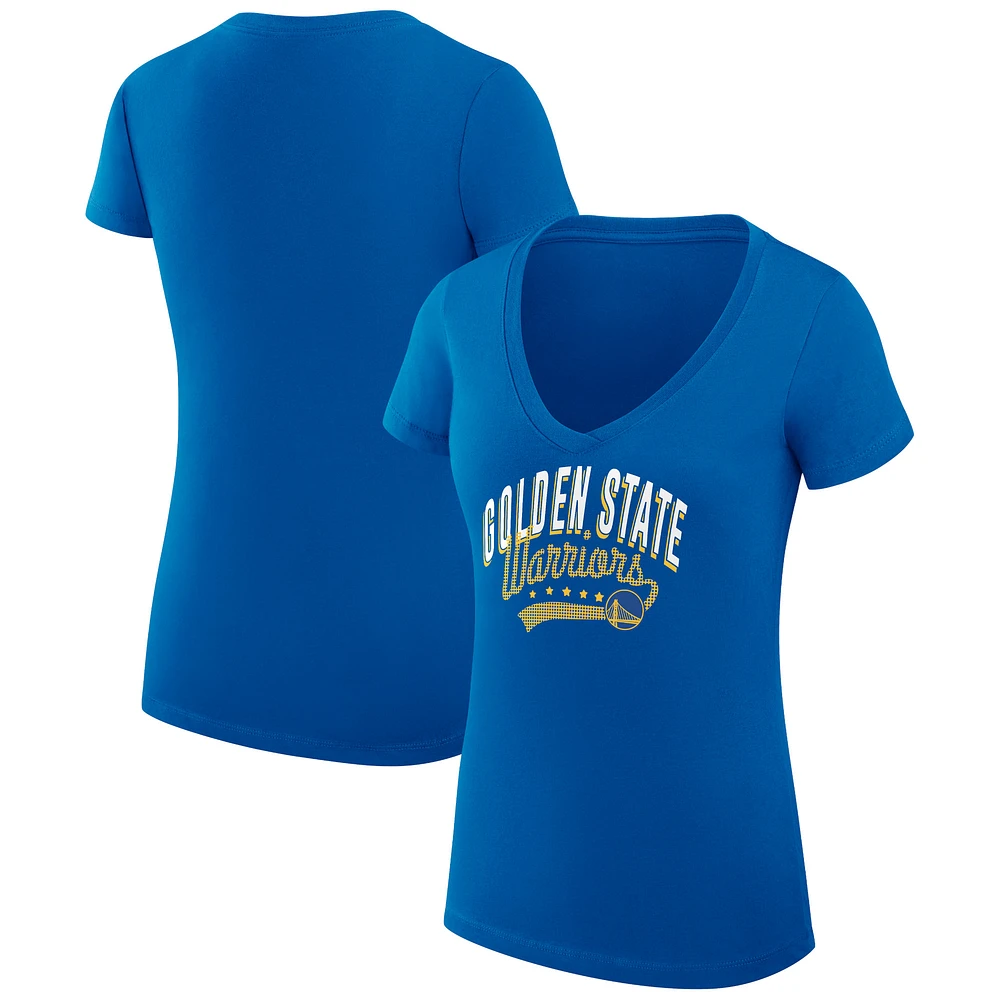 Women's G-III 4Her by Carl Banks Royal Golden State Warriors Super-Slim Fit Lightweight Filigree Logo V-Neck T-Shirt