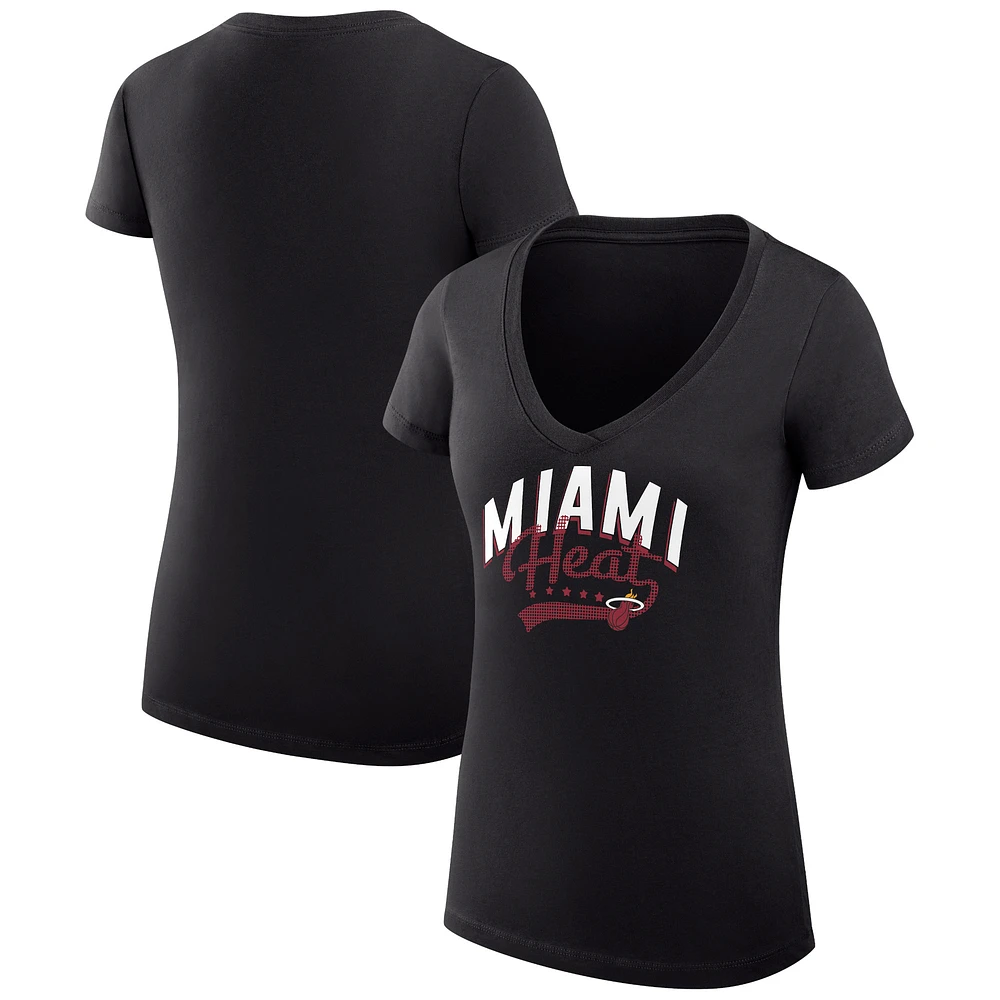 Women's G-III 4Her by Carl Banks Black Miami Heat Super-Slim Fit Lightweight Filigree Logo V-Neck T-Shirt