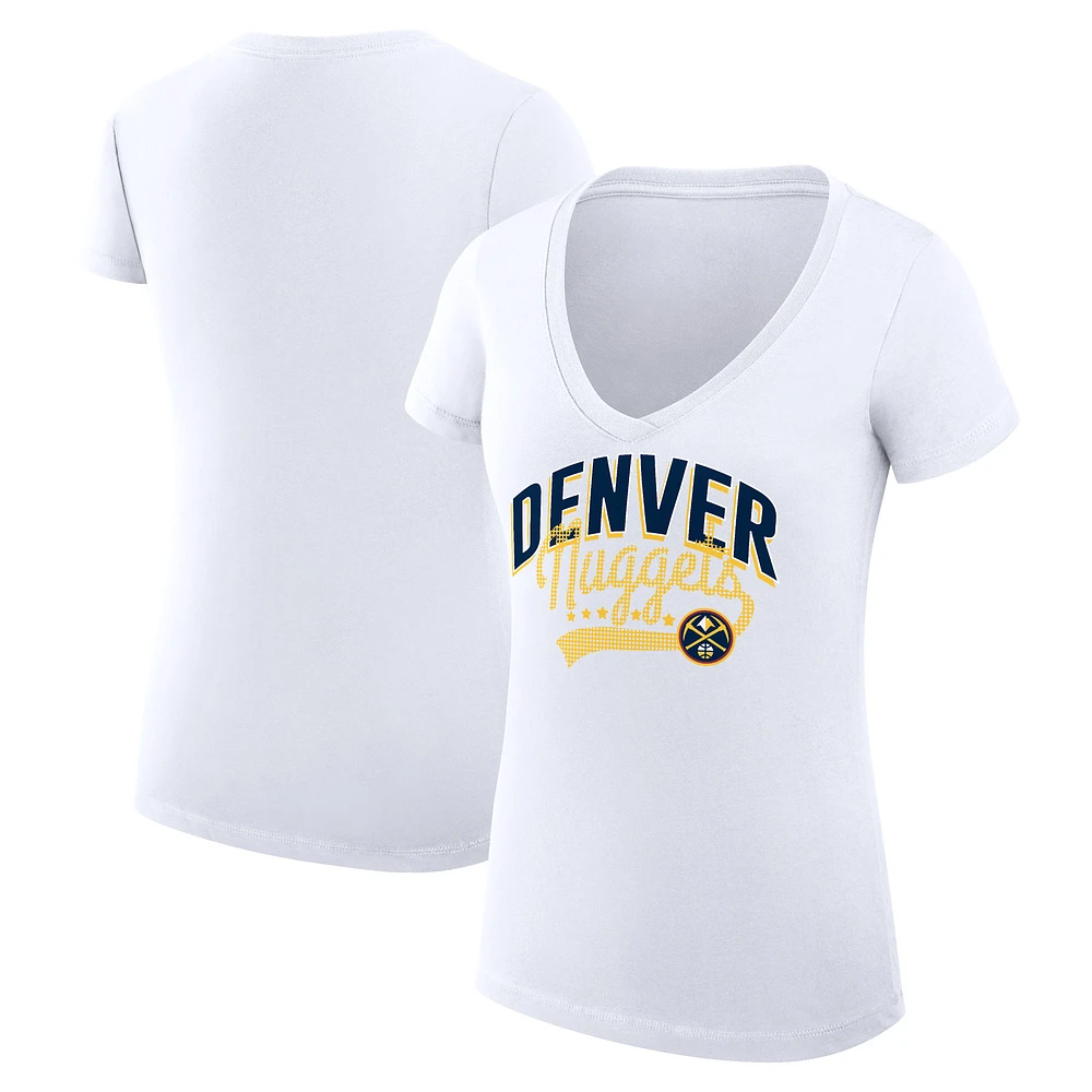 Women's G-III 4Her by Carl Banks White Denver Nuggets Super-Slim Fit Lightweight Filigree Logo V-Neck T-Shirt