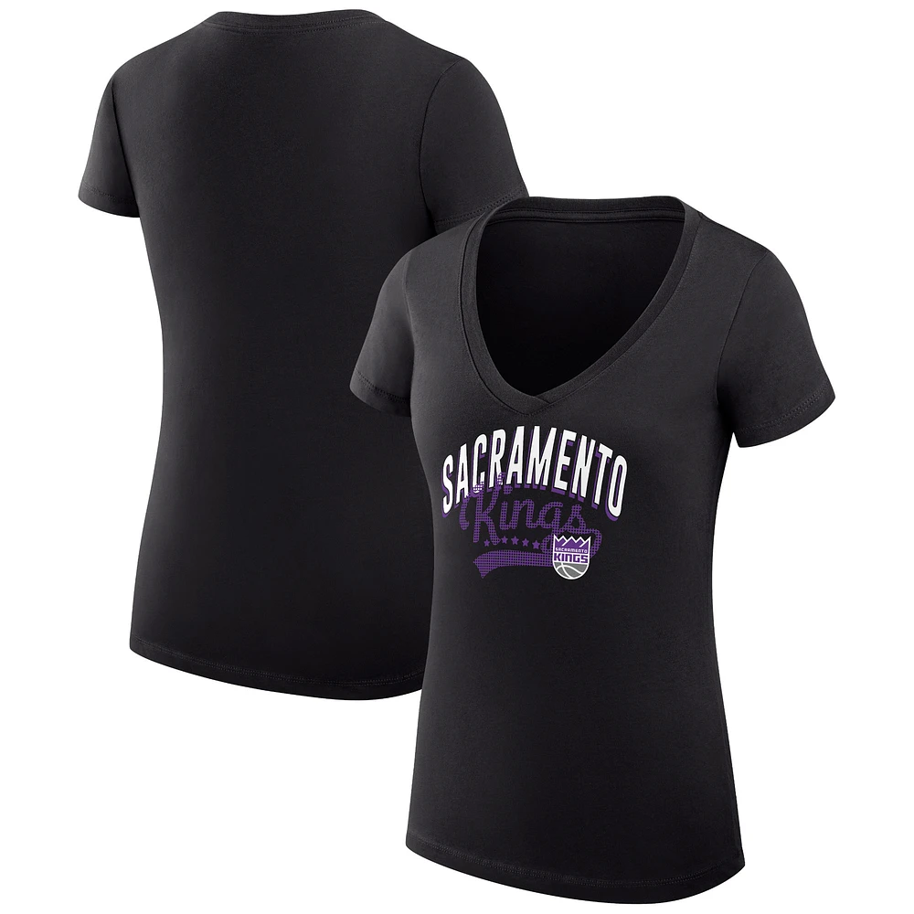 Women's G-III 4Her by Carl Banks Black Sacramento Kings Super-Slim Fit Lightweight Filigree Logo V-Neck T-Shirt