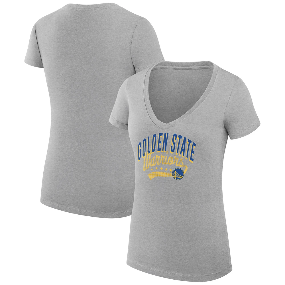 Women's G-III 4Her by Carl Banks Heather Gray Golden State Warriors Super-Slim Fit Lightweight Filigree Logo V-Neck T-Shirt