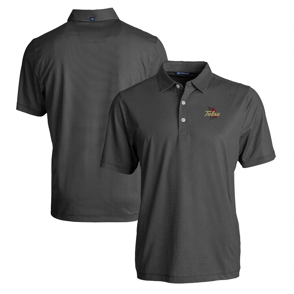 Men's Cutter & Buck Black/White Tulsa Golden Hurricane Pike Eco Symmetry Print Stretch Recycled Polo
