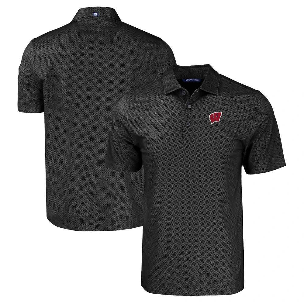 Men's Cutter & Buck Black Wisconsin Badgers Pike Eco Tonal Geo Print Stretch Recycled Polo