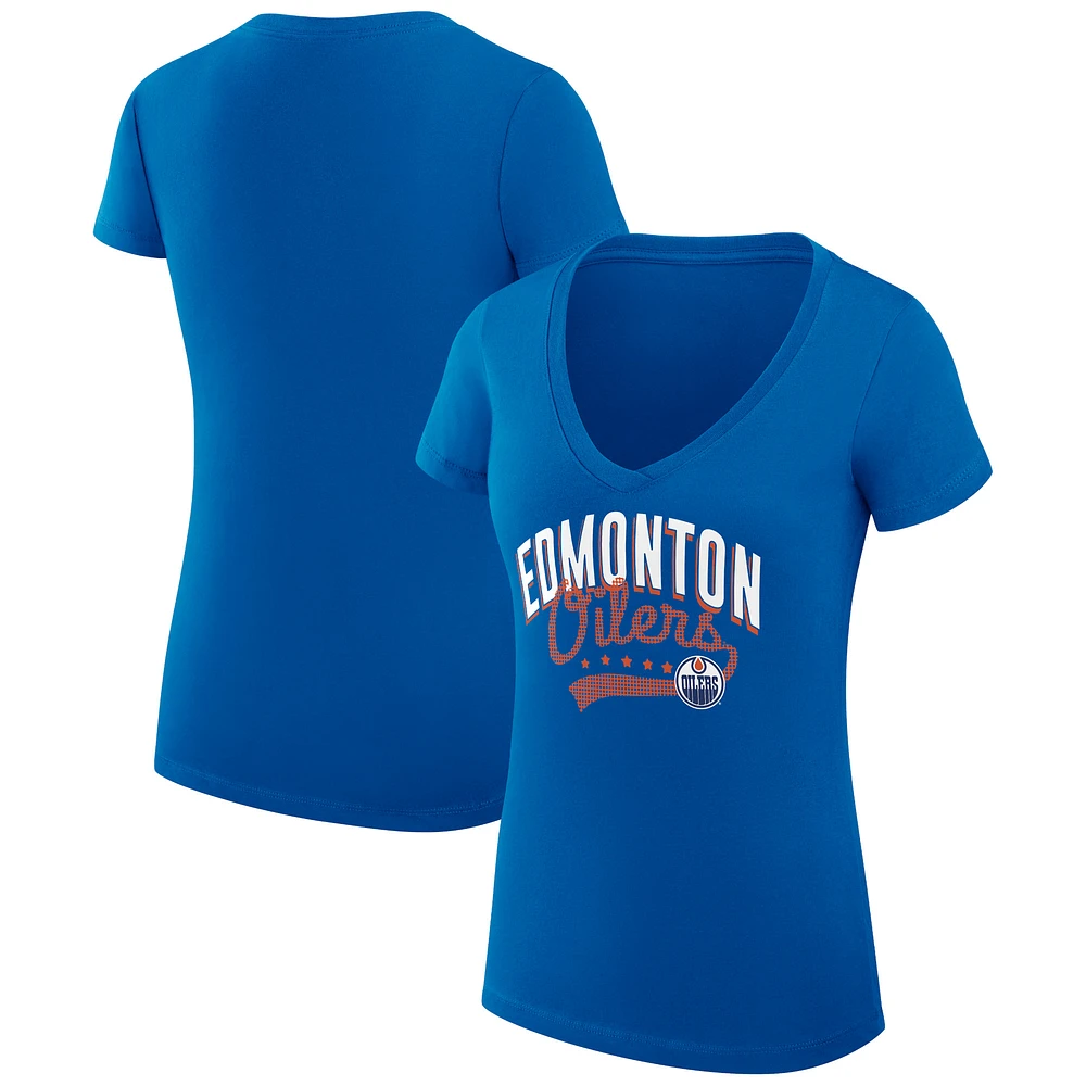 Women's G-III 4Her by Carl Banks Royal Edmonton Oilers Super-Slim Fit Lightweight Filigree Logo V-Neck T-Shirt