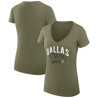Women's G-III 4Her by Carl Banks Olive Dallas Stars Filigree Logo V-Neck Fitted T-Shirt