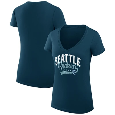 Women's G-III 4Her by Carl Banks Navy Seattle Kraken Super-Slim Fit Lightweight Filigree Logo V-Neck T-Shirt
