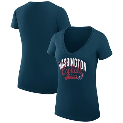 Women's G-III 4Her by Carl Banks Navy Washington Capitals Super-Slim Fit Lightweight Filigree Logo V-Neck T-Shirt