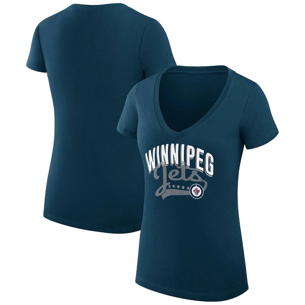 Women's G-III 4Her by Carl Banks Navy Winnipeg Jets Super-Slim Fit Lightweight Filigree Logo V-Neck T-Shirt