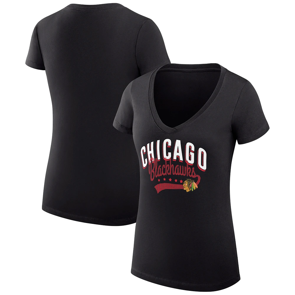 Women's G-III 4Her by Carl Banks Black Chicago Blackhawks Super-Slim Fit Lightweight Filigree Logo V-Neck T-Shirt