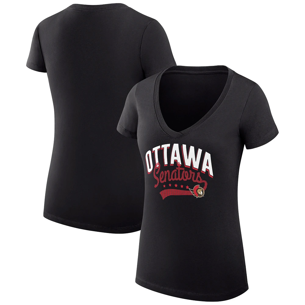 Women's G-III 4Her by Carl Banks Black Ottawa Senators Super-Slim Fit Lightweight Filigree Logo V-Neck T-Shirt
