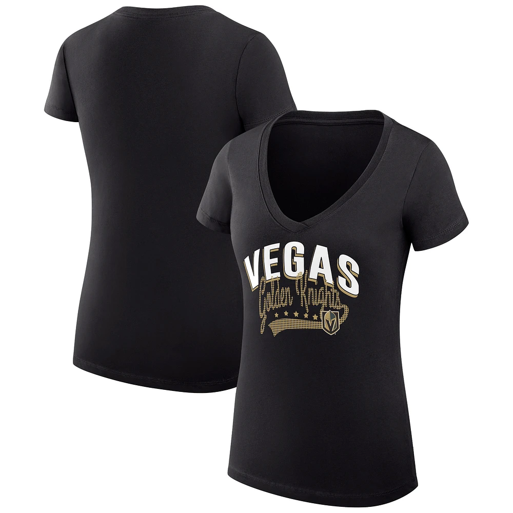 Women's G-III 4Her by Carl Banks Black Vegas Golden Knights Super-Slim Fit Lightweight Filigree Logo V-Neck T-Shirt