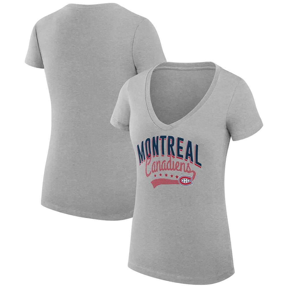 Women's G-III 4Her by Carl Banks Gray Montreal Canadiens Super-Slim Fit Lightweight Filigree Logo V-Neck T-Shirt