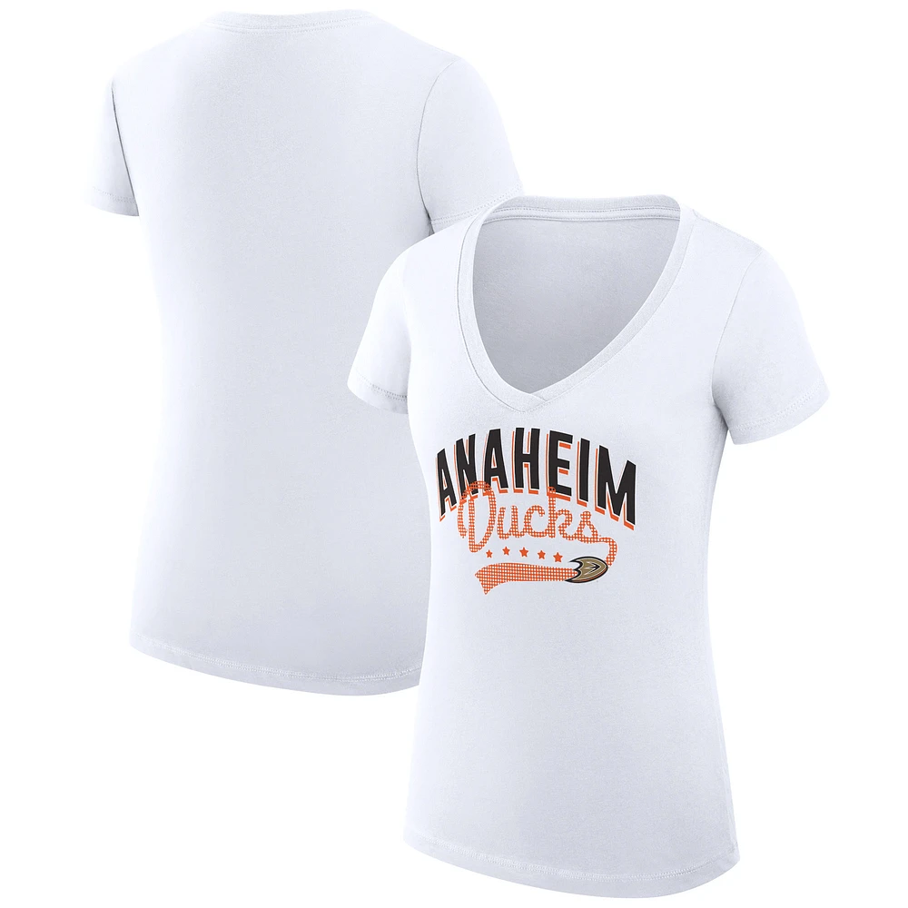 Women's G-III 4Her by Carl Banks White Anaheim Ducks Super-Slim Fit Lightweight Filigree Logo V-Neck T-Shirt