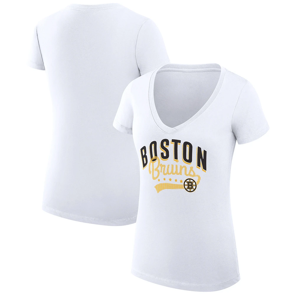 Women's G-III 4Her by Carl Banks White Boston Bruins Super-Slim Fit Lightweight Filigree Logo V-Neck T-Shirt