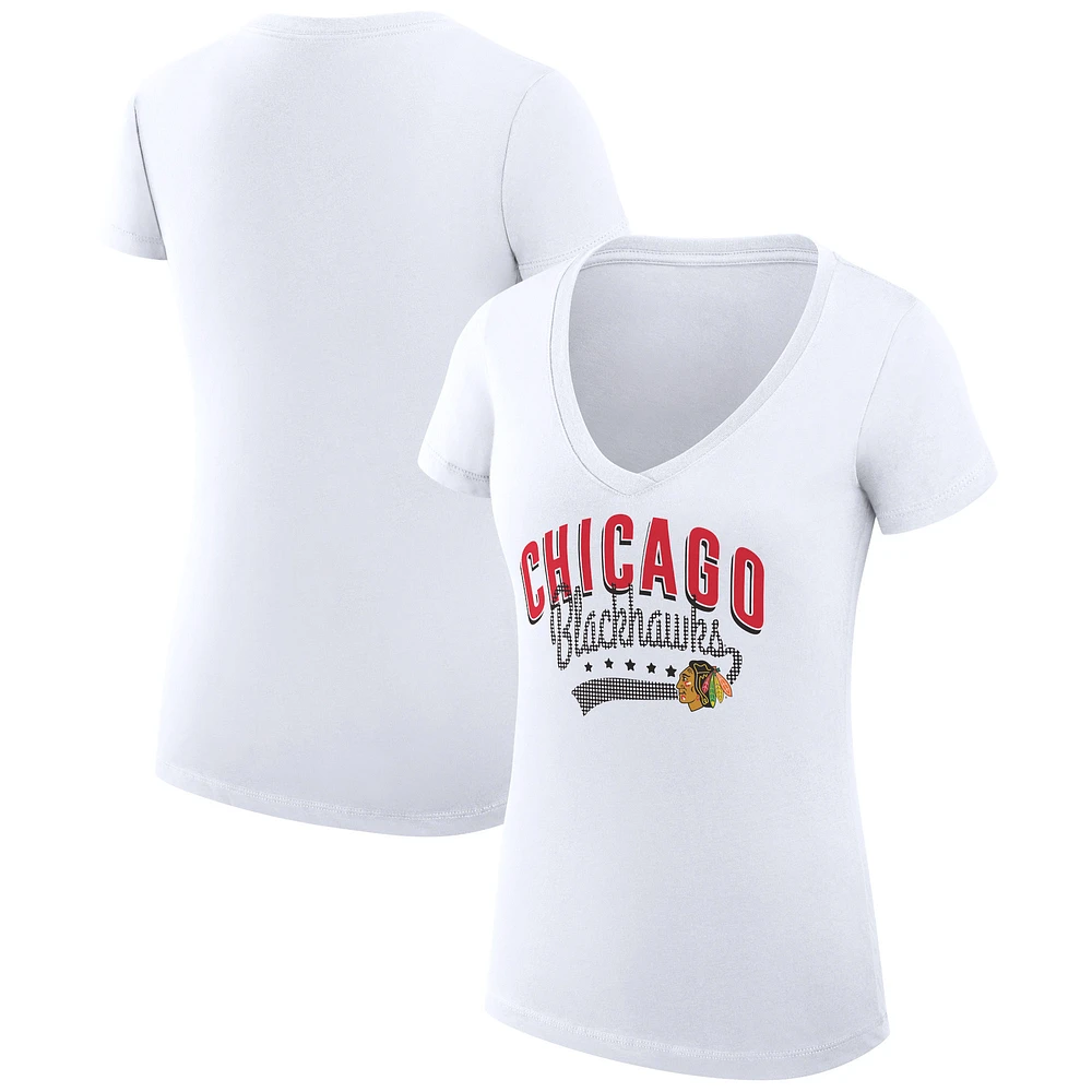 Women's G-III 4Her by Carl Banks White Chicago Blackhawks Super-Slim Fit Lightweight Filigree Logo V-Neck T-Shirt