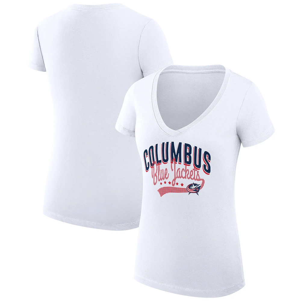 Women's G-III 4Her by Carl Banks White Columbus Blue Jackets Super-Slim Fit Lightweight Filigree Logo V-Neck T-Shirt