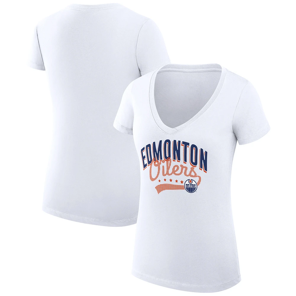 Women's G-III 4Her by Carl Banks White Edmonton Oilers Super-Slim Fit Lightweight Filigree Logo V-Neck T-Shirt