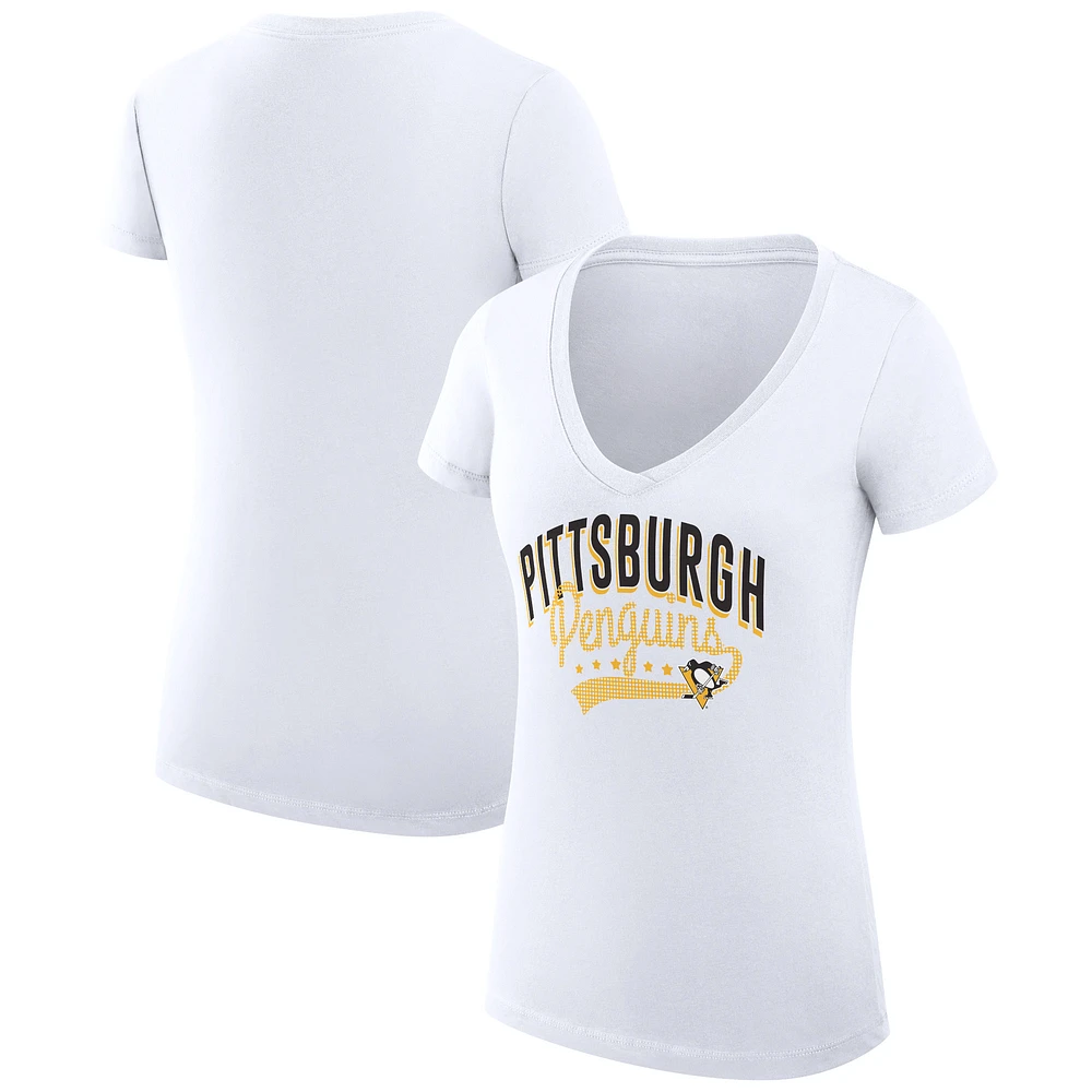 Women's G-III 4Her by Carl Banks White Pittsburgh Penguins Super-Slim Fit Lightweight Filigree Logo V-Neck T-Shirt