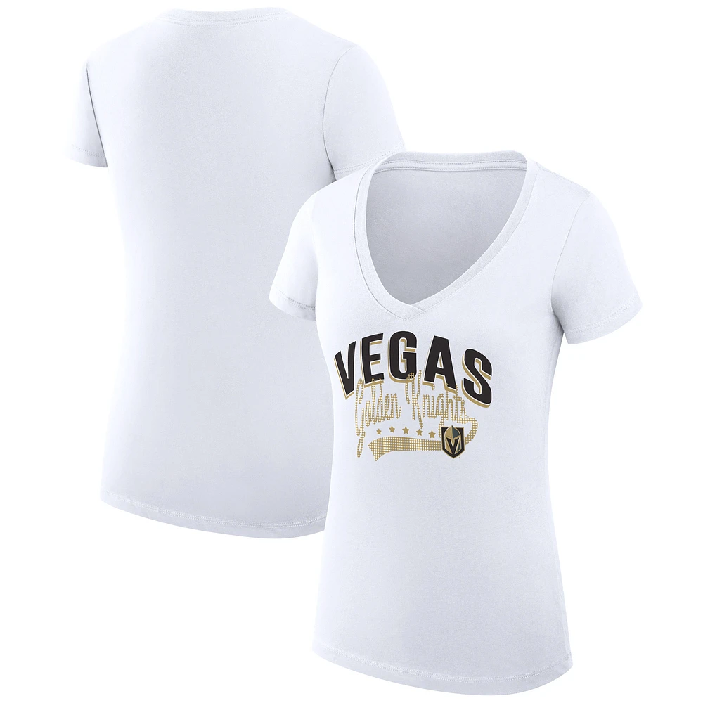 Women's G-III 4Her by Carl Banks White Vegas Golden Knights Super-Slim Fit Lightweight Filigree Logo V-Neck T-Shirt